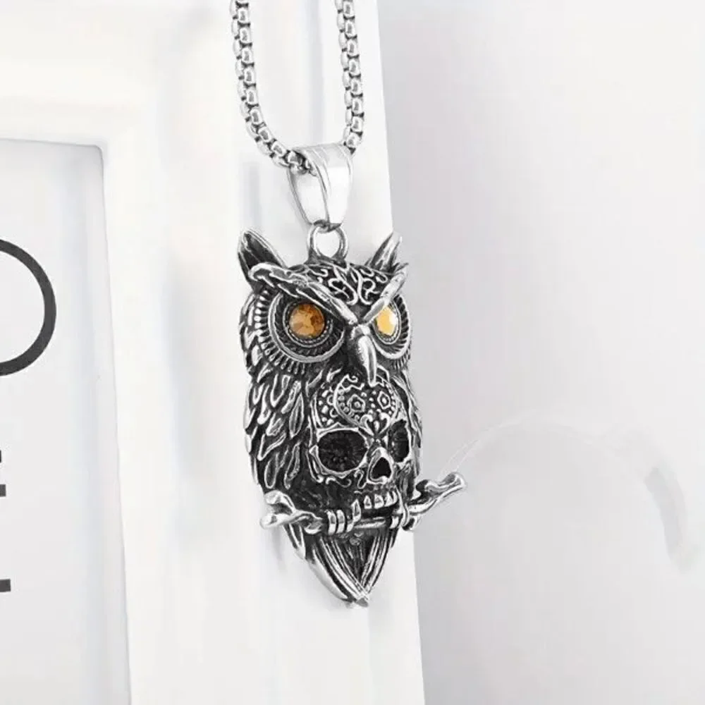 Stainless Steel Gothic Owl Skull Pendant Necklace